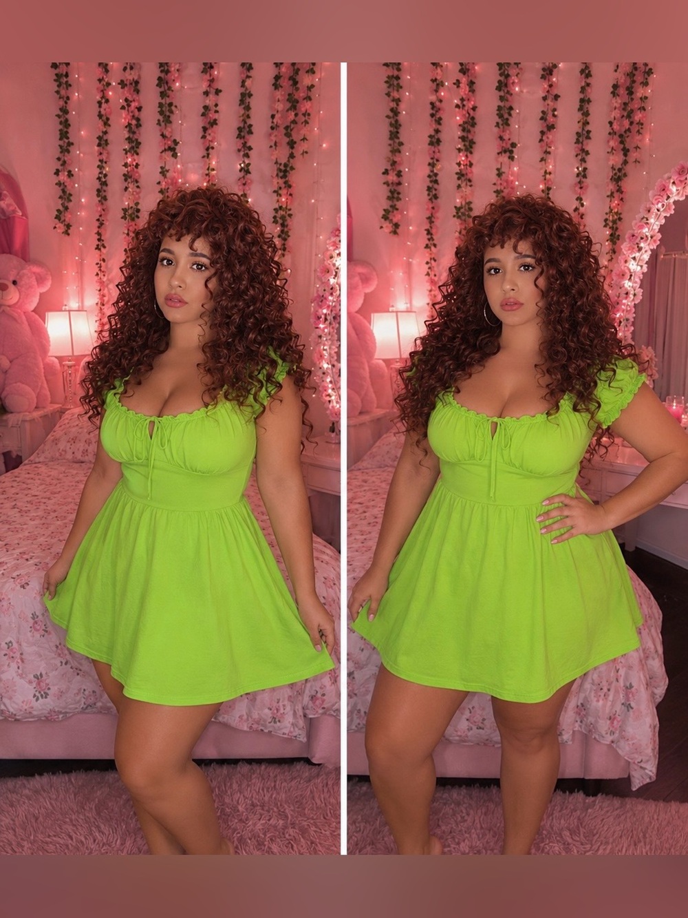Boo hoo Flirty Lime Green Short-Sleeve Smocked Waist Mini Dress 2X New